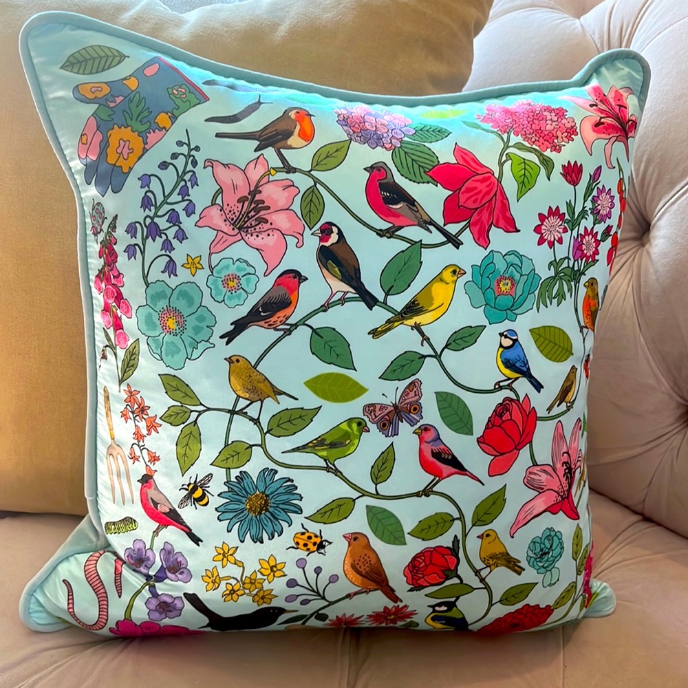 KAREN MABON Garden Birds down feather silk pillow Anthropologie bird blue